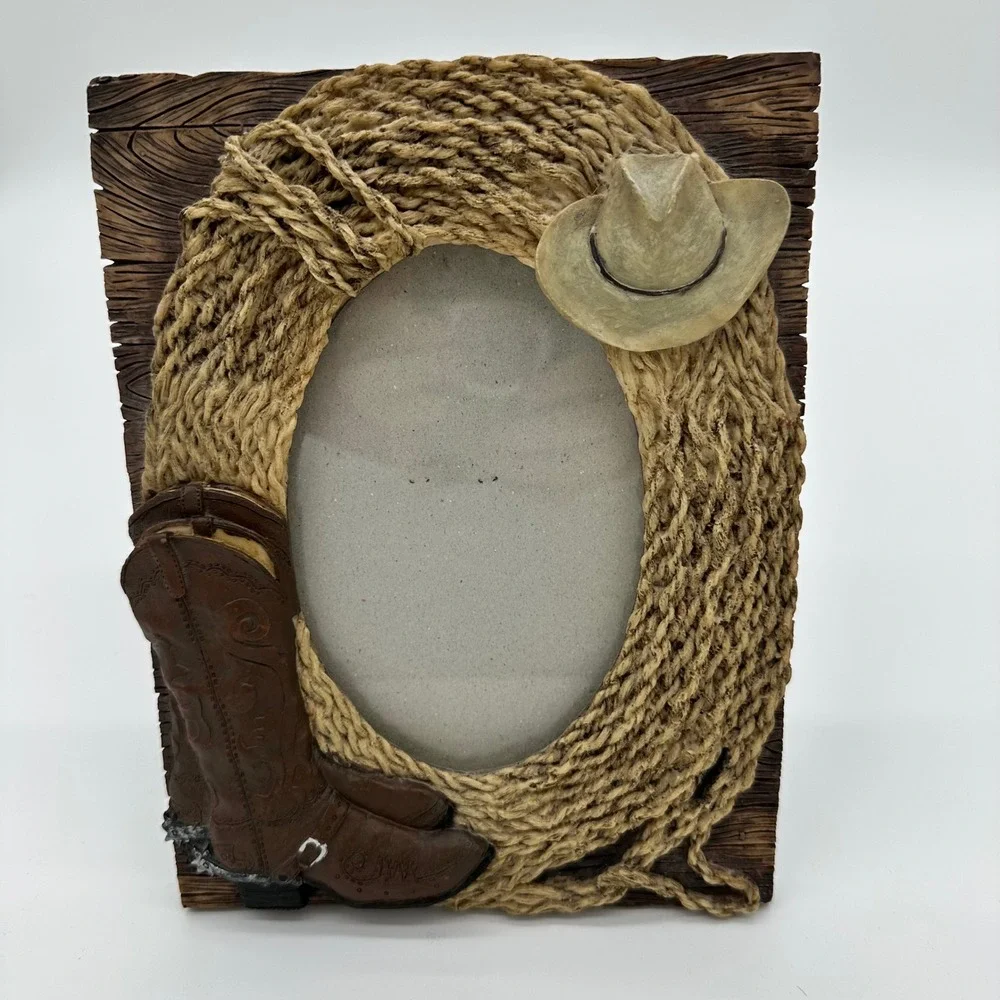 Western Cowboy Boot‎ Hat Rope 3D Resin Picture Frame Rustic Decor Brown